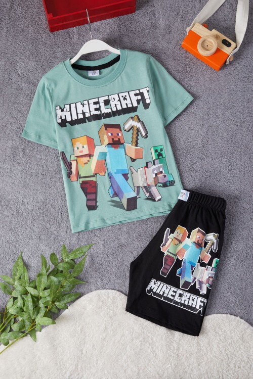 Yeşil Karakter Baskılı Erkek Çocuk Şortlu Takım 15279