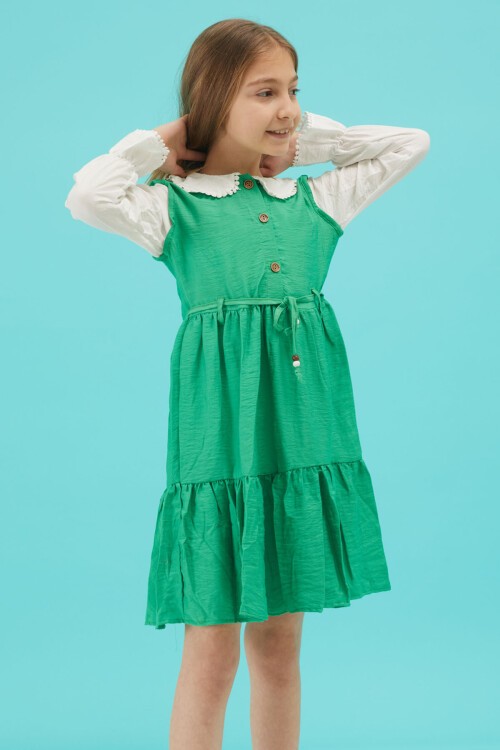 Yeşil Kız Çocuk Kuşaklı Dantel Yaka Elbise 15179