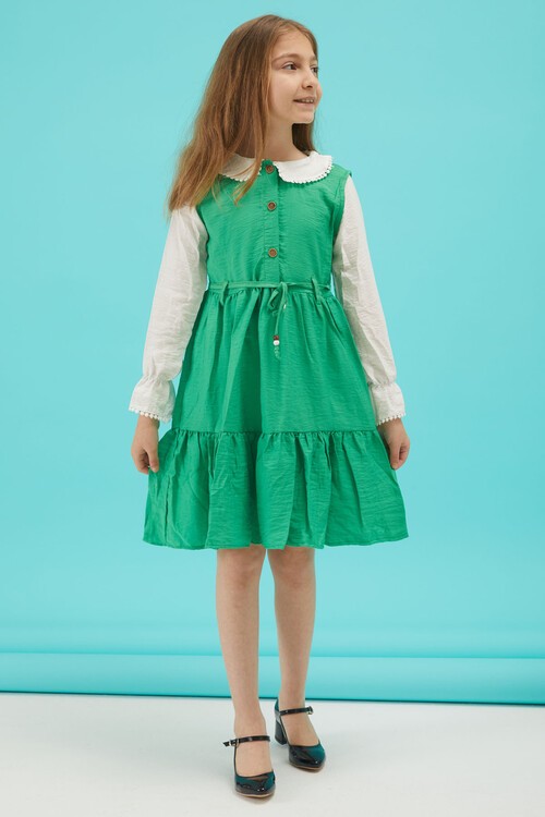 Yeşil Kız Çocuk Kuşaklı Dantel Yaka Elbise 15179