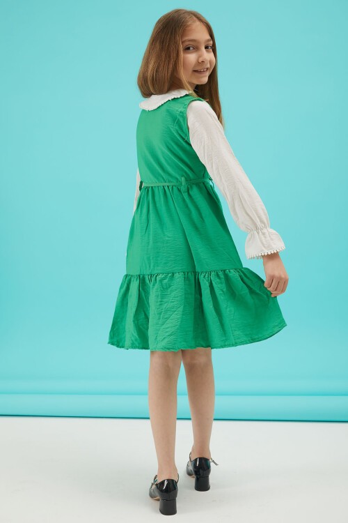 Yeşil Kız Çocuk Kuşaklı Dantel Yaka Elbise 15179