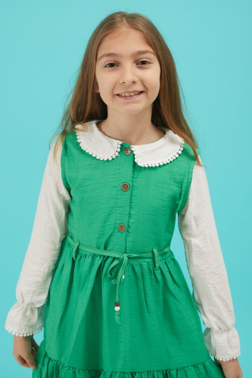 Yeşil Kız Çocuk Kuşaklı Dantel Yaka Elbise 15179