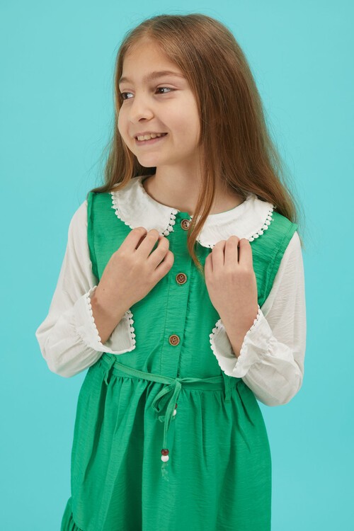 Yeşil Kız Çocuk Kuşaklı Dantel Yaka Elbise 15179