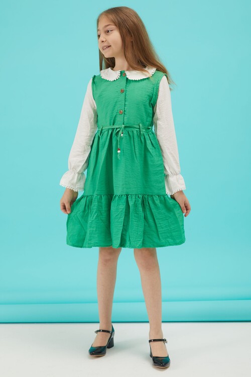 Yeşil Kız Çocuk Kuşaklı Dantel Yaka Elbise 15179