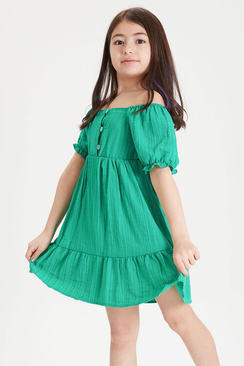Yeşil Kız Çocuk Omuz Askılı Elbise 15084