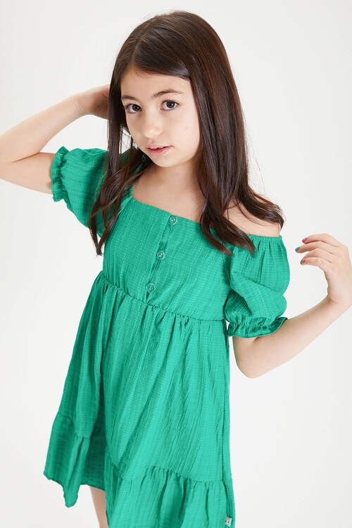 Yeşil Kız Çocuk Omuz Askılı Elbise 15084