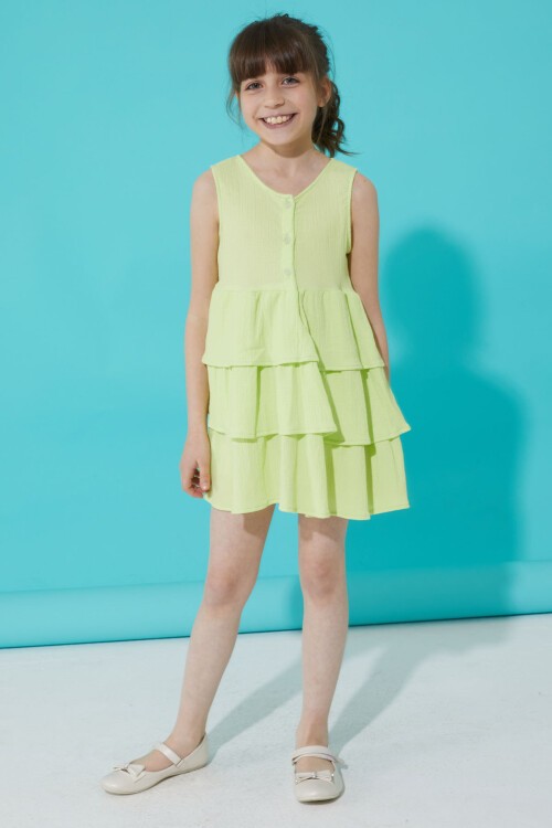 Yeşil Volanlı Düğmeli Kız Çocuk Elbise 15266