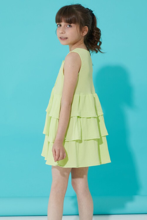 Yeşil Volanlı Düğmeli Kız Çocuk Elbise 15266