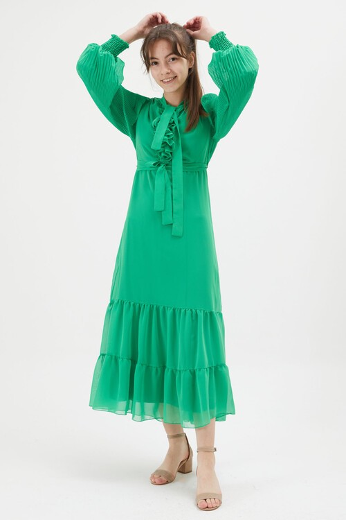 Yeşil Yakası Kuşaklı Kız Şifon Elbise 15205