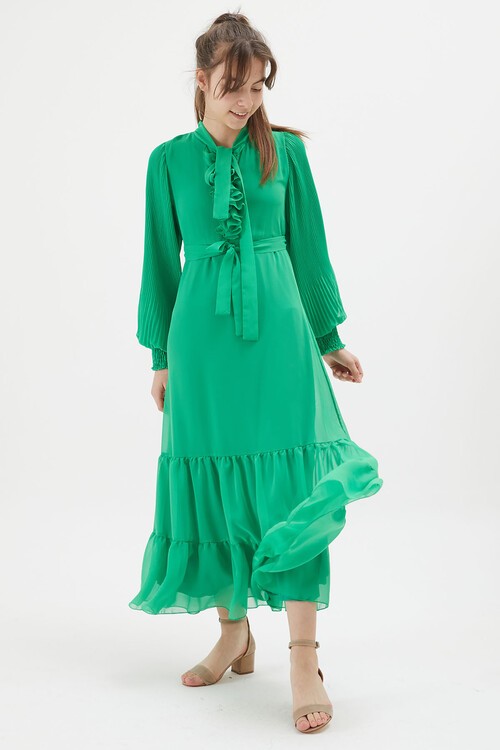 Yeşil Yakası Kuşaklı Kız Şifon Elbise 15205