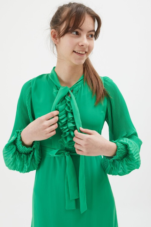 Yeşil Yakası Kuşaklı Kız Şifon Elbise 15205