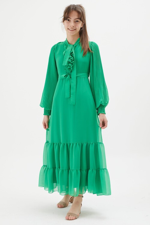 Yeşil Yakası Kuşaklı Kız Şifon Elbise 15205