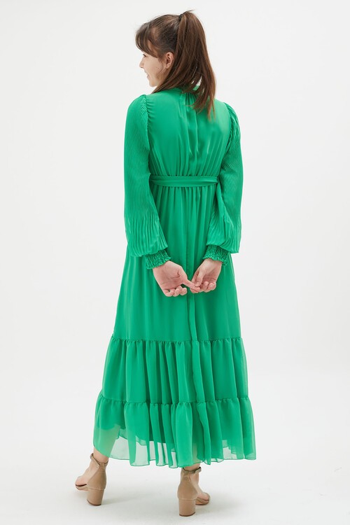 Yeşil Yakası Kuşaklı Kız Şifon Elbise 15205