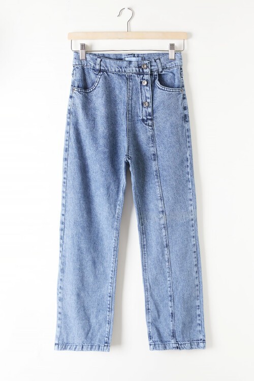 Açık Mavi Geniş Paça Yandan Patlı Kız Jean Pantolon 16202