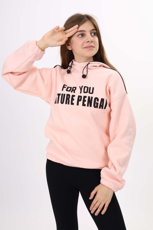 Açık Pembe Yazı Baskılı Polarlı Kız Çocuk Kapşonlu Sweatshirt 16642