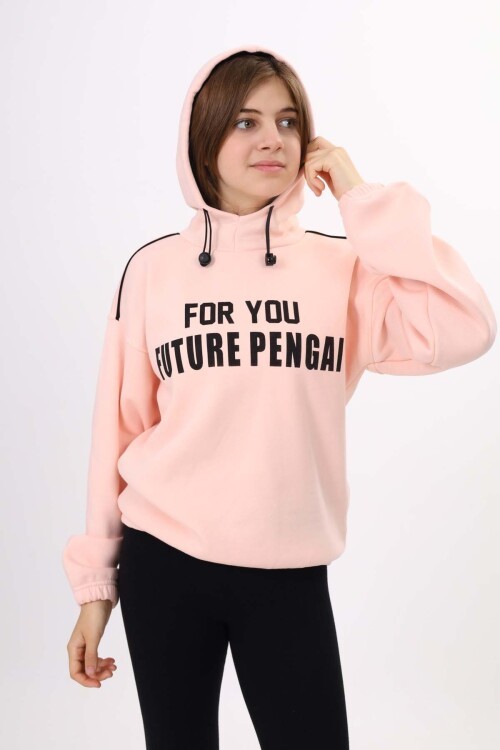 Açık Pembe Yazı Baskılı Polarlı Kız Çocuk Kapşonlu Sweatshirt 16642
