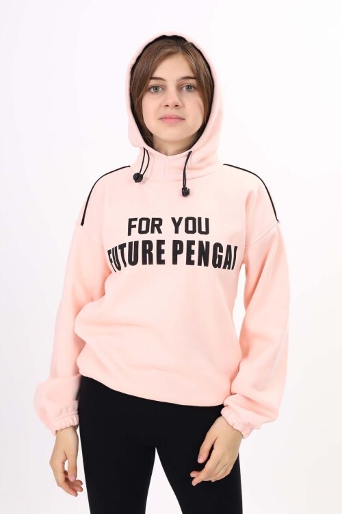 Açık Pembe Yazı Baskılı Polarlı Kız Çocuk Kapşonlu Sweatshirt 16642