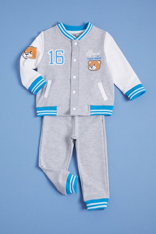 Gri Ayıcık Baskılı Kolej Ceketli Erkek Bebek Takım 16183