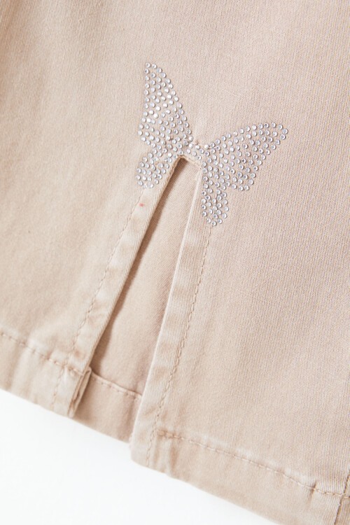 Bej İspanyol Paça Yırtmaçlı Kelebek İşlemeli Kız Pantolon 16215