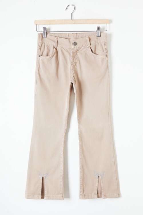 Bej İspanyol Paça Yırtmaçlı Kelebek İşlemeli Kız Pantolon 16215