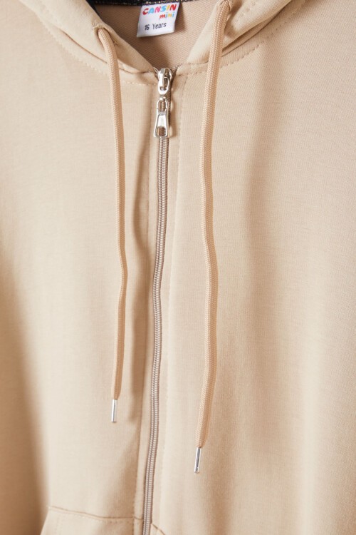 Erkek Çocuk Kapüşonlu Fermuarlı Bej Okul Hırkası 16196