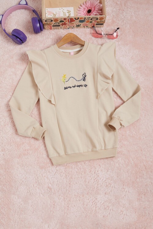 Bej Kelebek Nakışlı Volanlı Kız Çocuk Sweatshirt 16402