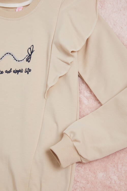Bej Kelebek Nakışlı Volanlı Kız Çocuk Sweatshirt 16402