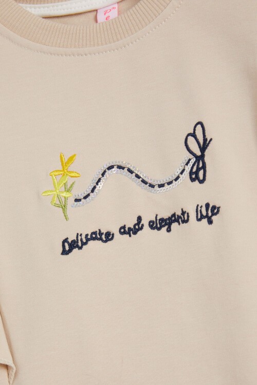 Bej Kelebek Nakışlı Volanlı Kız Çocuk Sweatshirt 16402