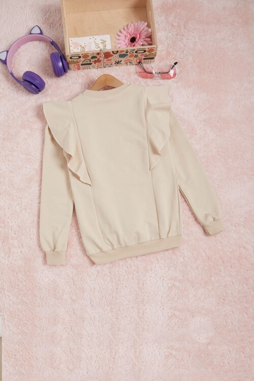 Bej Kelebek Nakışlı Volanlı Kız Çocuk Sweatshirt 16402
