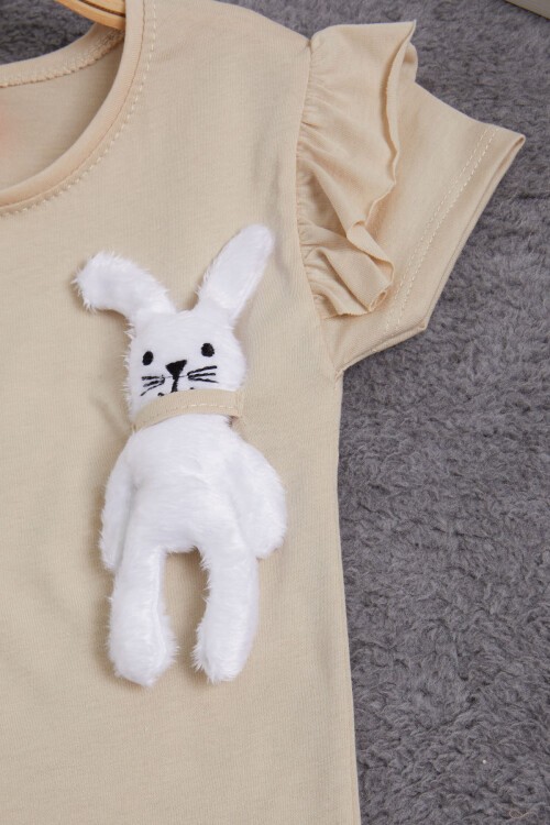 Bej Tavşan Detaylı Fırfırlı Kız Çocuk T-shirt 15541