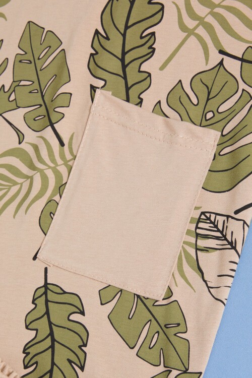 Bej Yaprak Desenli Erkek Çocuk Şortlu Yazlık Takım 15477