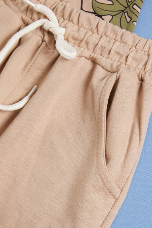 Bej Yaprak Desenli Erkek Çocuk Şortlu Yazlık Takım 15477