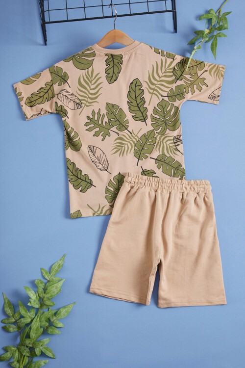 Bej Yaprak Desenli Erkek Çocuk Şortlu Yazlık Takım 15477