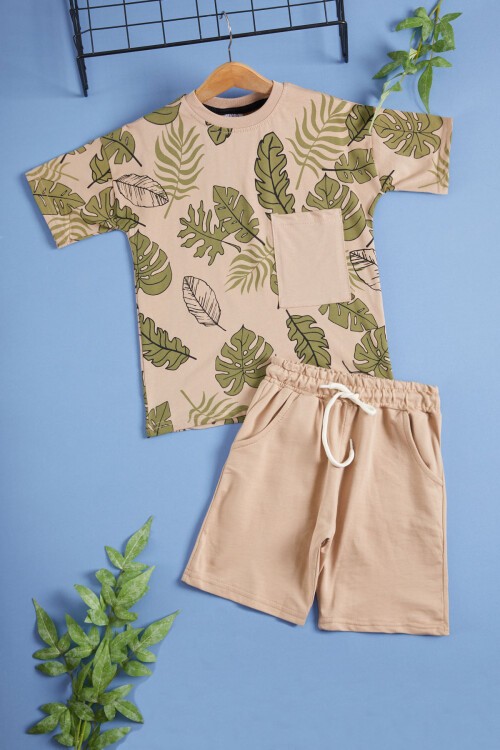 Bej Yaprak Desenli Erkek Çocuk Şortlu Yazlık Takım 15477