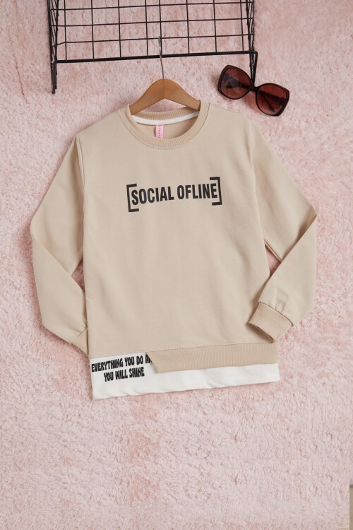Bej Yazı Baskılı Şeritli Kız Çocuk Sweatshirt 16290