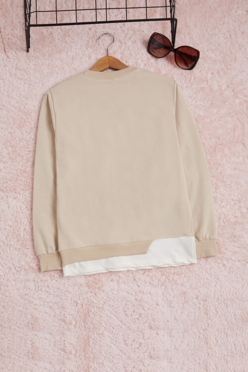 Bej Yazı Baskılı Şeritli Kız Çocuk Sweatshirt 16290