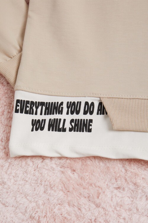 Bej Yazı Baskılı Şeritli Kız Çocuk Sweatshirt 16290