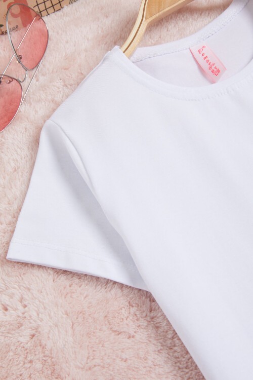 Beyaz Bisiklet Yaka Düz Kız Tişört 15571