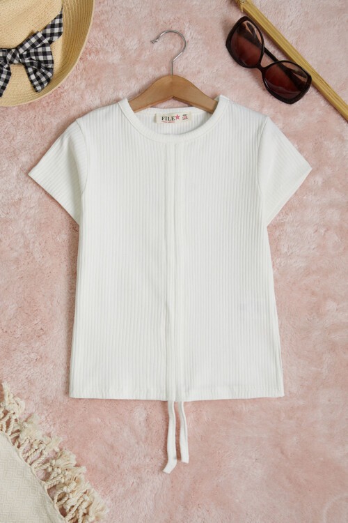 Beyaz Büzgülü Pamuklu Kız Çocuk Tişört 15662