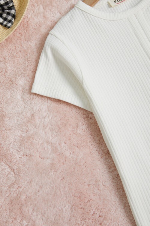 Beyaz Büzgülü Pamuklu Kız Çocuk Tişört 15662