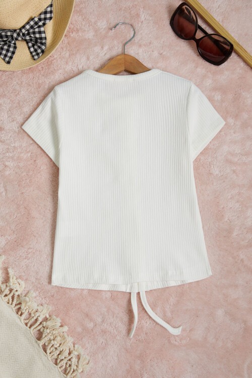 Beyaz Büzgülü Pamuklu Kız Çocuk Tişört 15662