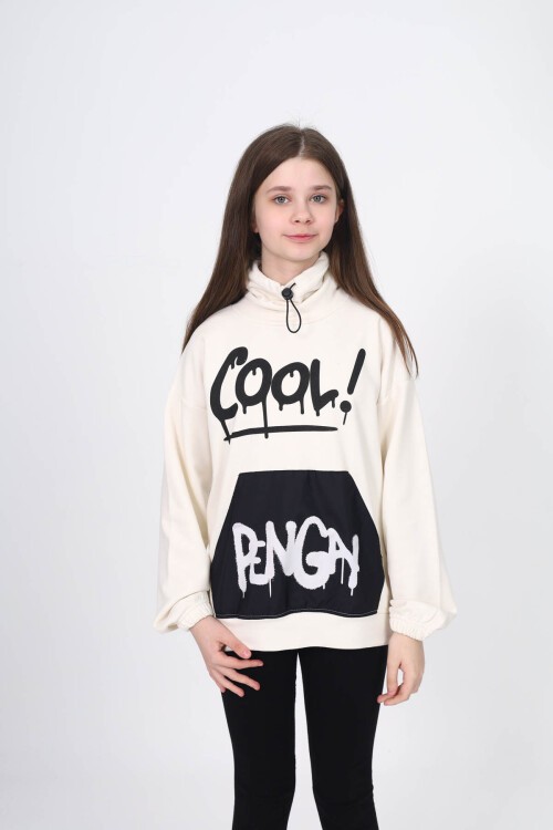 Beyaz Cool Yazı Baskılı Boğazlı Kız Çocuk Sweatshirt 16451