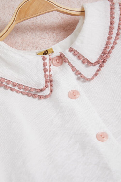 Beyaz Dantel İşlemeli Deri Şortlu Bluzlu Kız Takım 15518