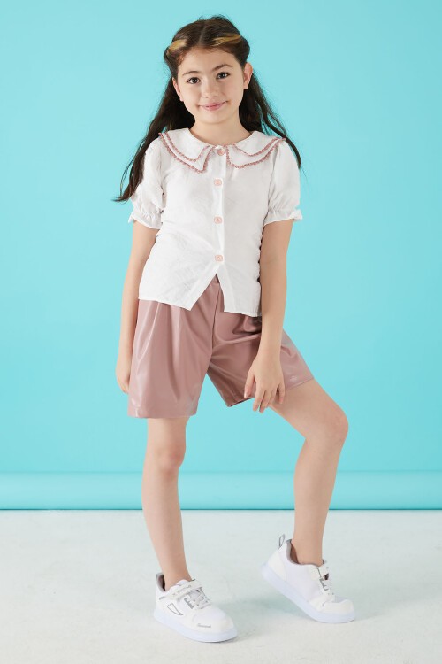 Beyaz Dantel İşlemeli Deri Şortlu Bluzlu Kız Takım 15518