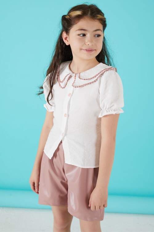 Beyaz Dantel İşlemeli Deri Şortlu Bluzlu Kız Takım 15518