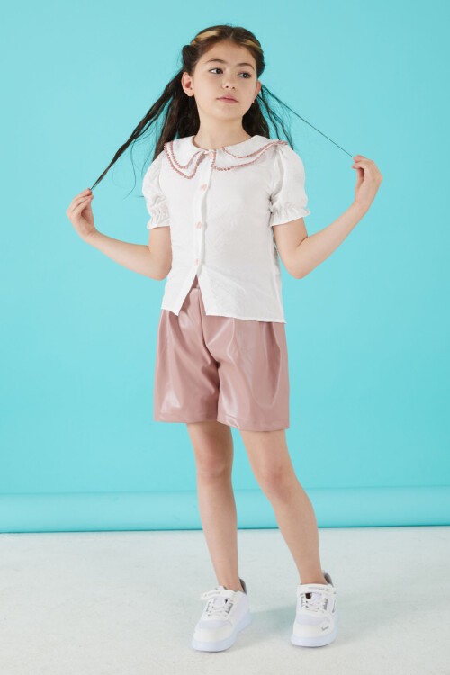 Beyaz Dantel İşlemeli Deri Şortlu Bluzlu Kız Takım 15518