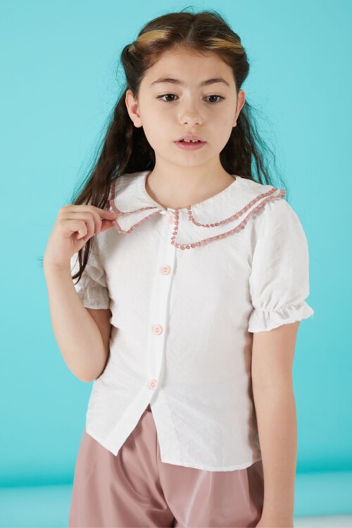 Beyaz Dantel İşlemeli Deri Şortlu Bluzlu Kız Takım 15518