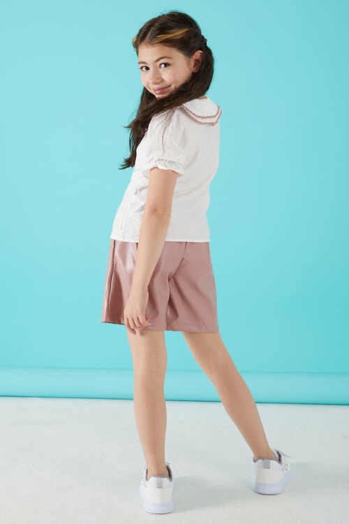 Beyaz Dantel İşlemeli Deri Şortlu Bluzlu Kız Takım 15518