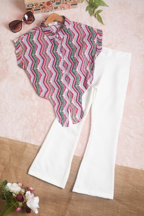 Beyaz Desenli Gömlekli İspanyol Paça Pantolon Kız Takım 15602