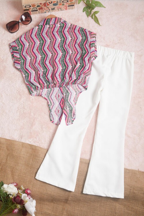 Beyaz Desenli Gömlekli İspanyol Paça Pantolon Kız Takım 15602