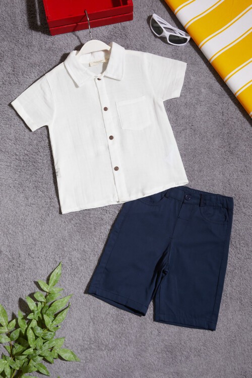 Beyaz Gömlekli Keten Şortlu Erkek Çocuk Takım 15430